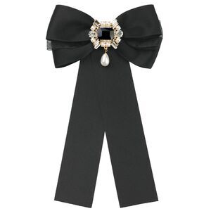 Bow Brooch Pre-Tied Bowknot with Faux Rhinestone Elegant Bow Tie Black